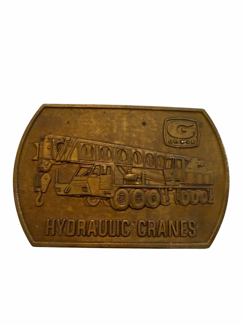 VINTAGE Mens Belt Buckle 70s GROVE HYDRAULIC CRANES Heavy Machinery Construction